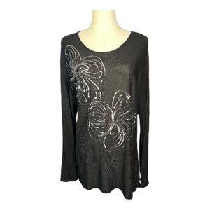 EUC Chico’s black scoop neck sequin floral sweater | size 2 (L)